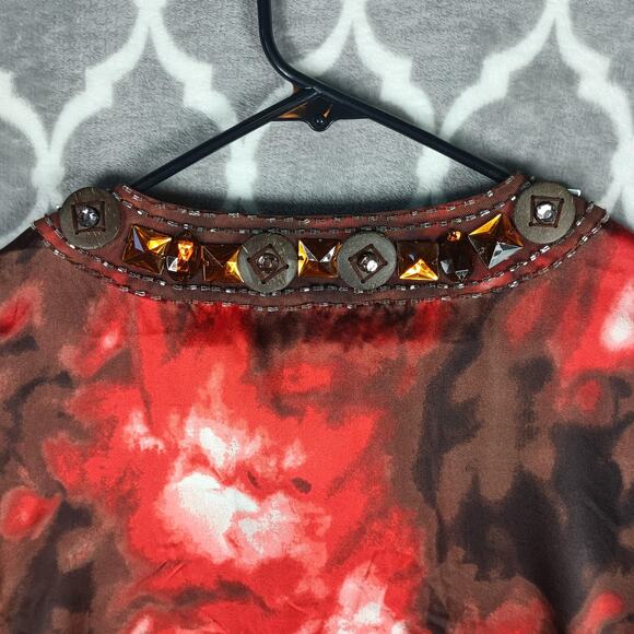 St. John Blouse Womens Large Red Brown Silk Stretch Beaded Jeweled Split Neck - Picture 6 of 12